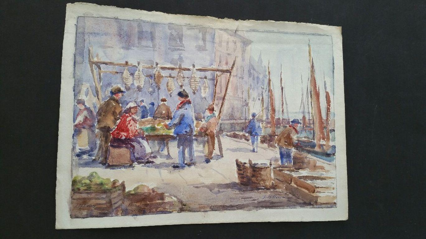 Mid 20th Century Impressionist Painting Ostend Belgium, Fish Market  5