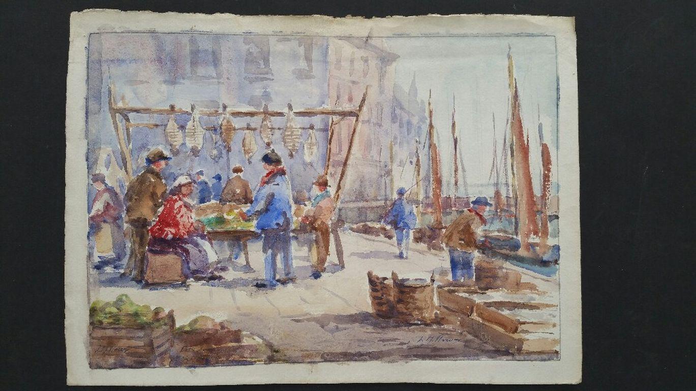 Mid 20th Century Impressionist Painting Ostend Belgium, Fish Market  - Art by Leonard Machin Rowe