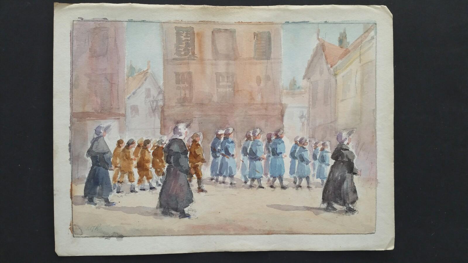 Mid 20th Century Procession of Orphan Children Luxembourg    - Art by Leonard Machin Rowe