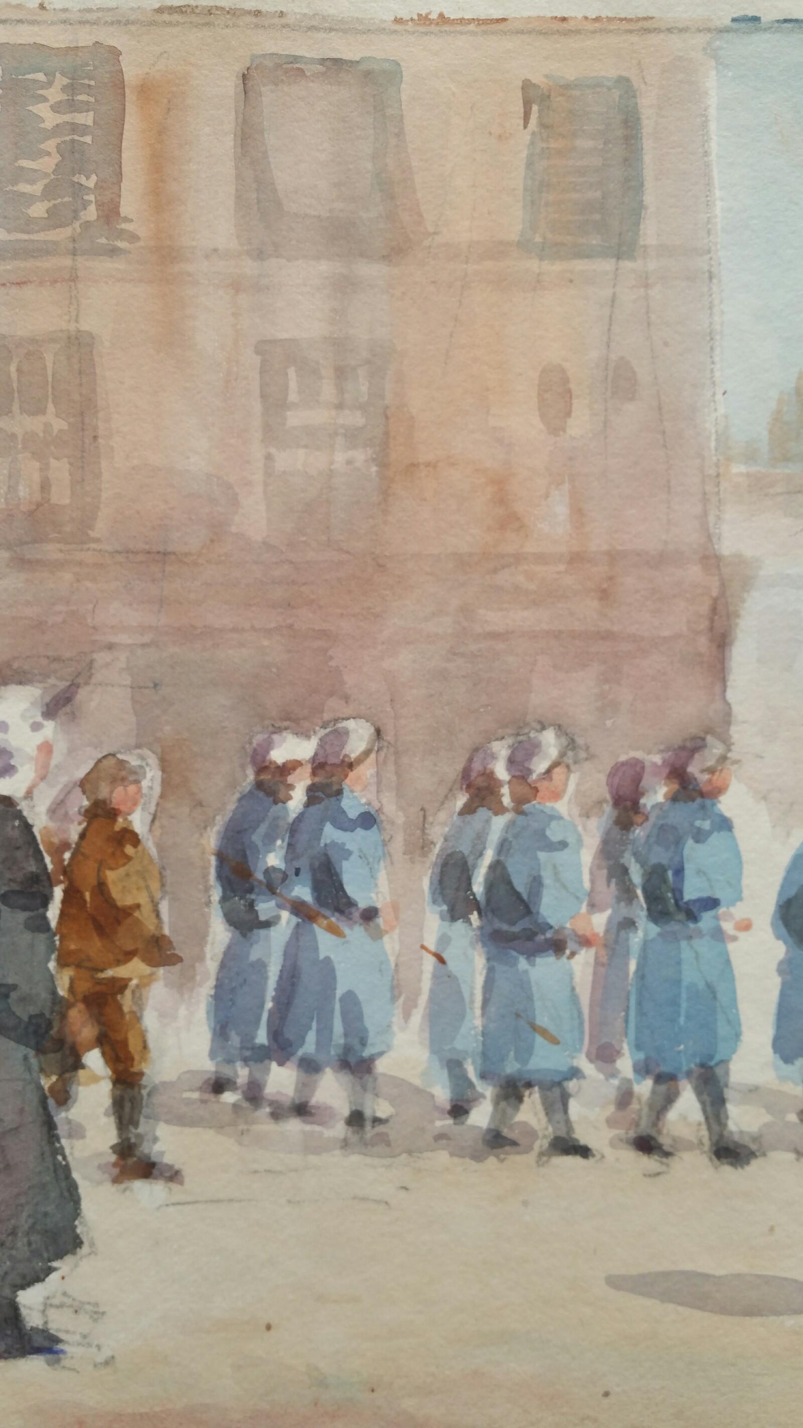 Mid 20th Century Procession of Orphan Children Luxembourg    - Brown Landscape Art by Leonard Machin Rowe
