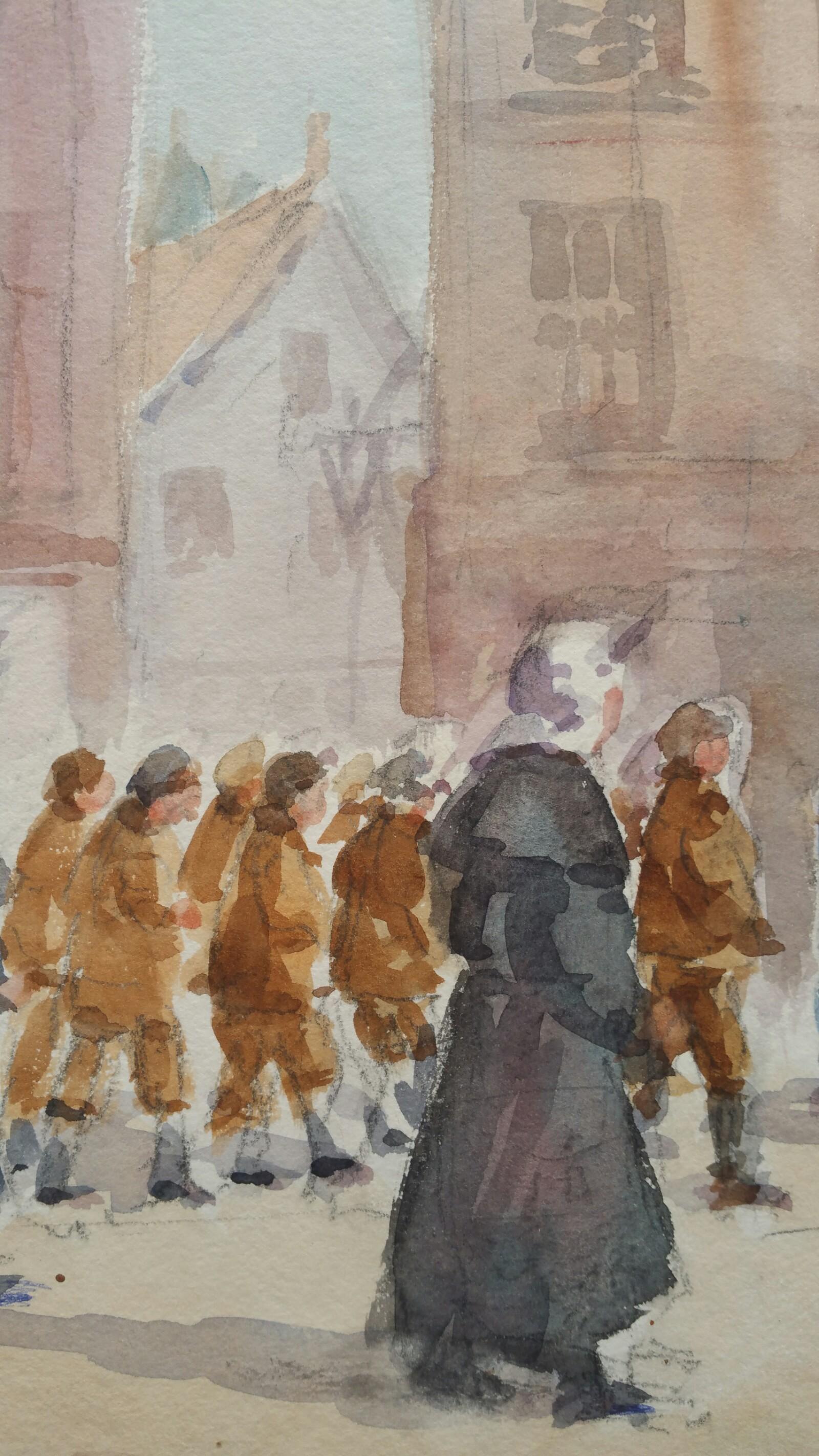 Mid 20th Century Procession of Orphan Children Luxembourg    - Impressionist Art by Leonard Machin Rowe