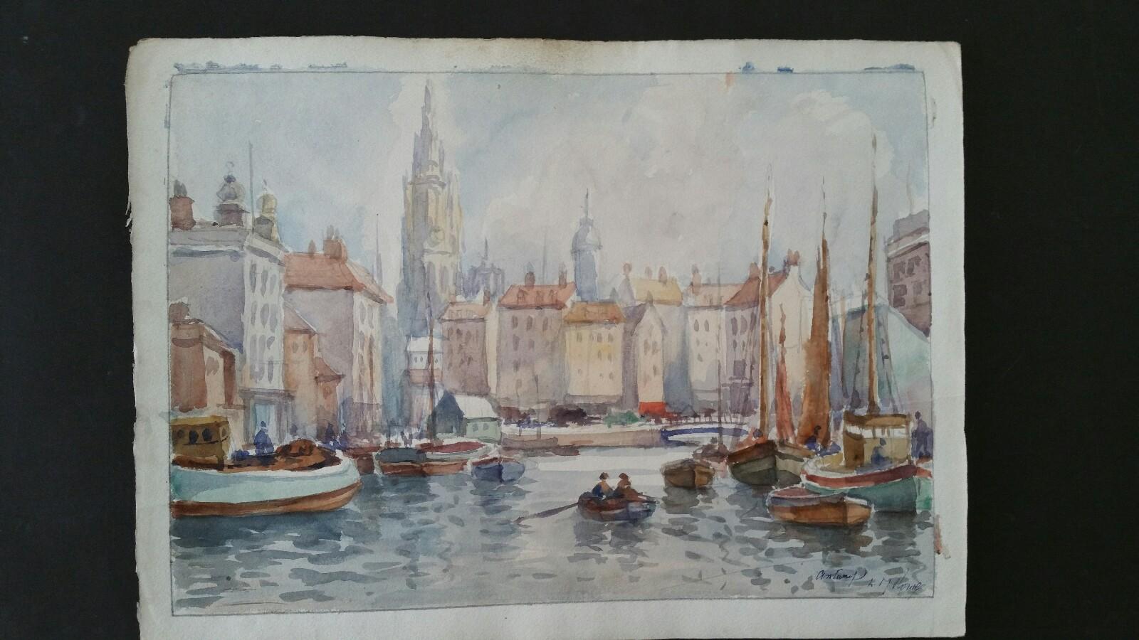 Mid 20th Century Antwerp Belgium, Port and Cathedral - Art by Leonard Machin Rowe
