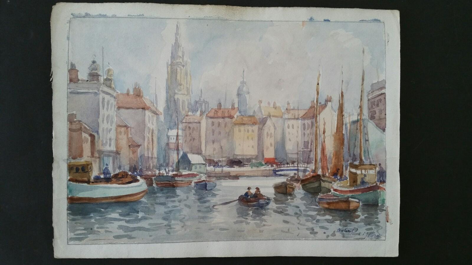Mid 20th Century Antwerp Belgium, Port and Cathedral For Sale 6