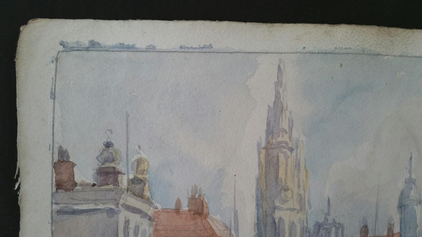 Belgium: Port and Cathedral view in Antwerp
by Leonard Machin Rowe (1880-1968)
signed lower right
watercolour painting on artist's paper, unframed

Image: 9.75 x 13.75 inches, sheet 11 x 15 inches

Charming painting by Leon. Rowe. It is inscribed to