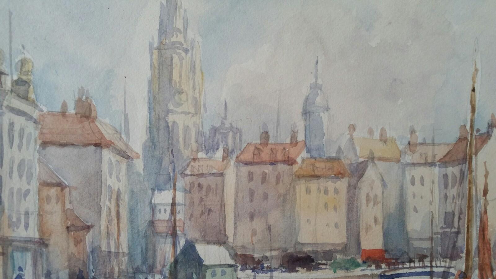 Mid 20th Century Antwerp Belgium, Port and Cathedral For Sale 4
