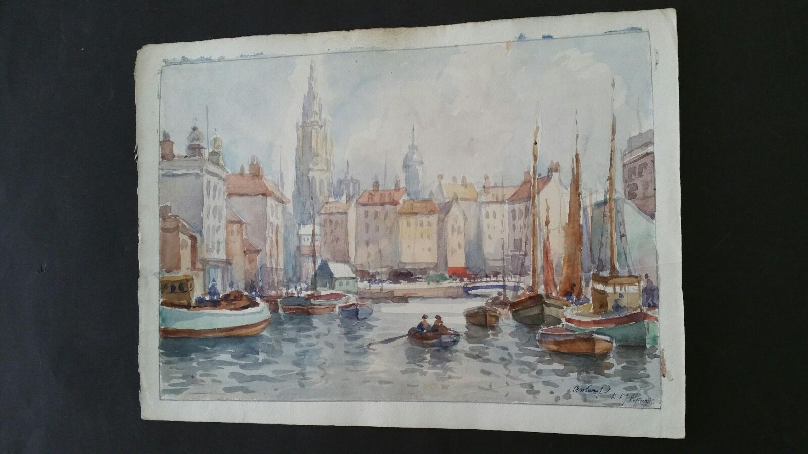 Mid 20th Century Antwerp Belgium, Port and Cathedral For Sale 5