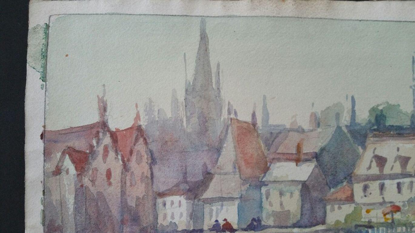 Belgium: Evening in Genk
by Leonard Machin Rowe (1880-1968)
signed lower left
watercolour painting on artist's paper, unframed

Image: 9.75 x 13.75 inches, sheet 11 x 15 inches

Very pretty painting by Leon. Rowe. It is inscribed to the back, and
