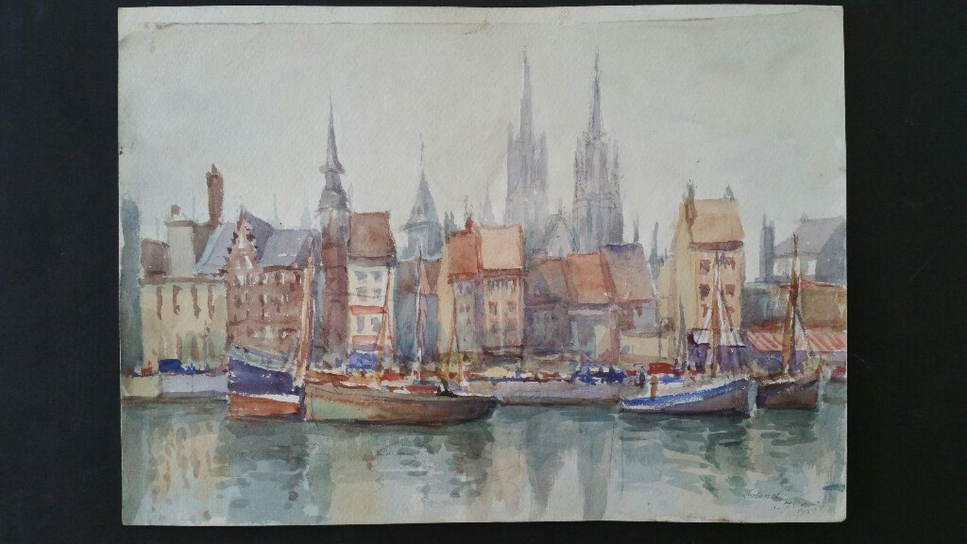 Metà del XX secolo Belgio, Chiesa e porto di Ostenda - Art di Leonard Machin Rowe