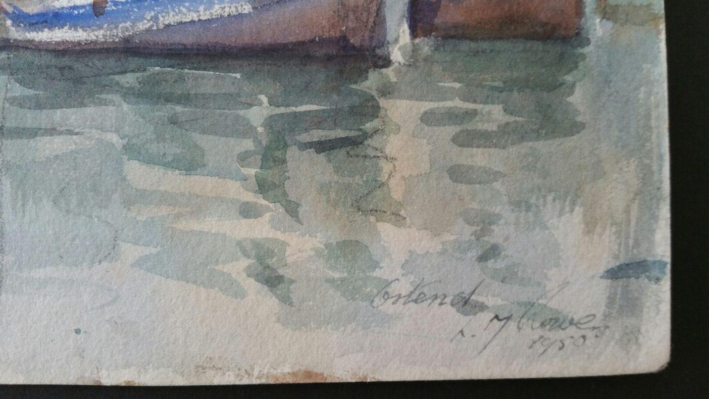 Metà del XX secolo Belgio, Chiesa e porto di Ostenda - Art Impressionismo di Leonard Machin Rowe