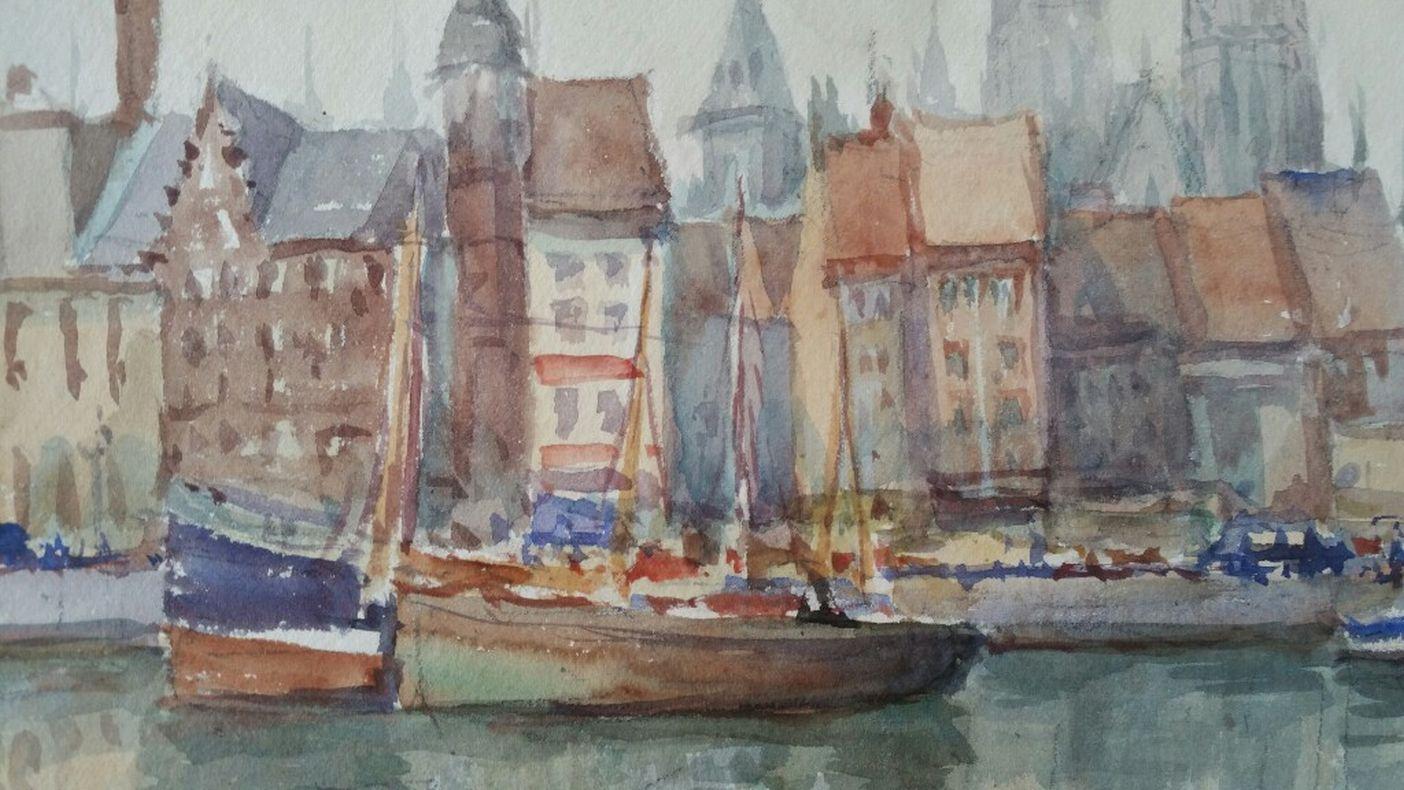 Metà del XX secolo Belgio, Chiesa e porto di Ostenda - Landscape Art Grigio di Leonard Machin Rowe
