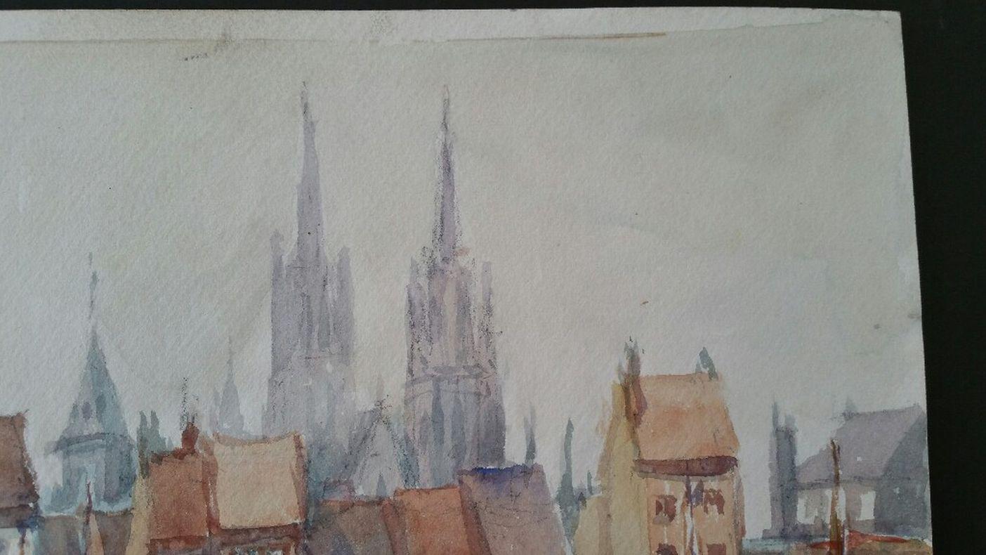 Belgio: Ostenda. Chiesa di St Peter e St Paul, con barche da pesca e porto 
di Leonard Machin Rowe (1880-1968)
firmato, iscritto e datato in basso a destra
acquerello su carta d'artista, non incorniciato

9,5 x 13,75 pollici

Un dipinto super