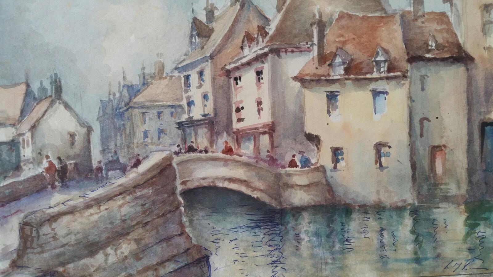 Leonard Machin Rowe Landscape Art - Mid 20th Century, Luxembourg, Old Town and Bridge