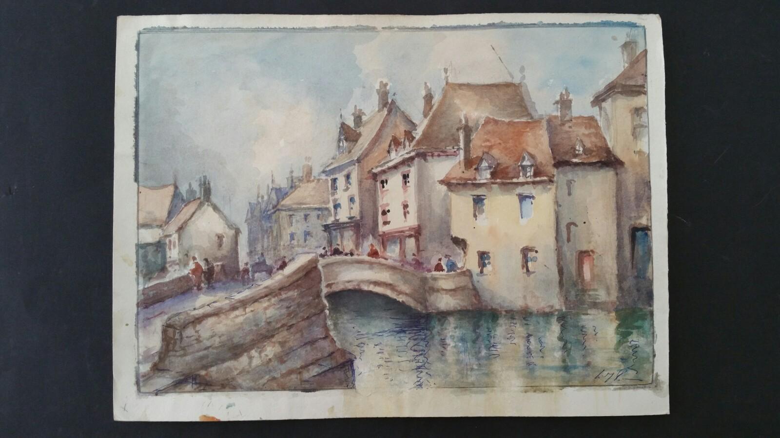 Mid 20th Century, Luxembourg, Old Town and Bridge - Art by Leonard Machin Rowe