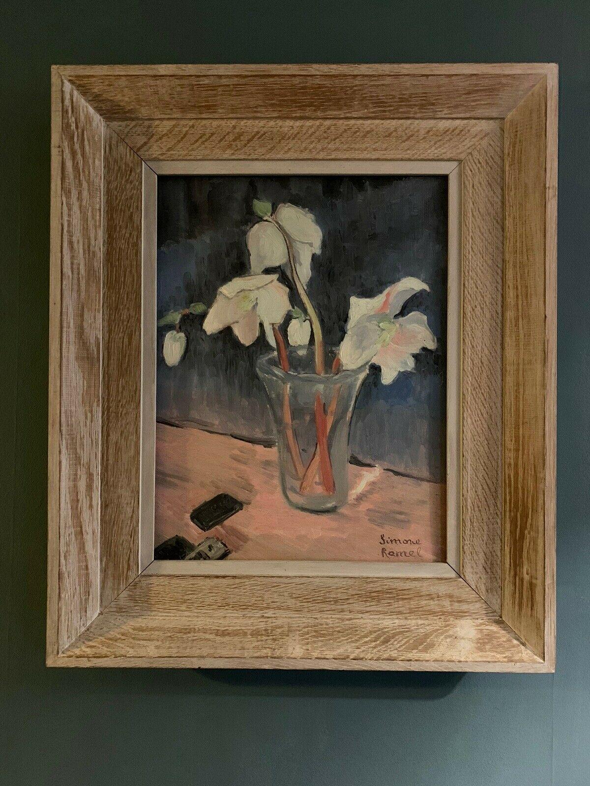 SIMONE RAMEL (FRENCH 1960'S) SIGNED OIL - FLOWERS IN VASE - PASTEL PINK SHADES - Painting by Simone Ramel