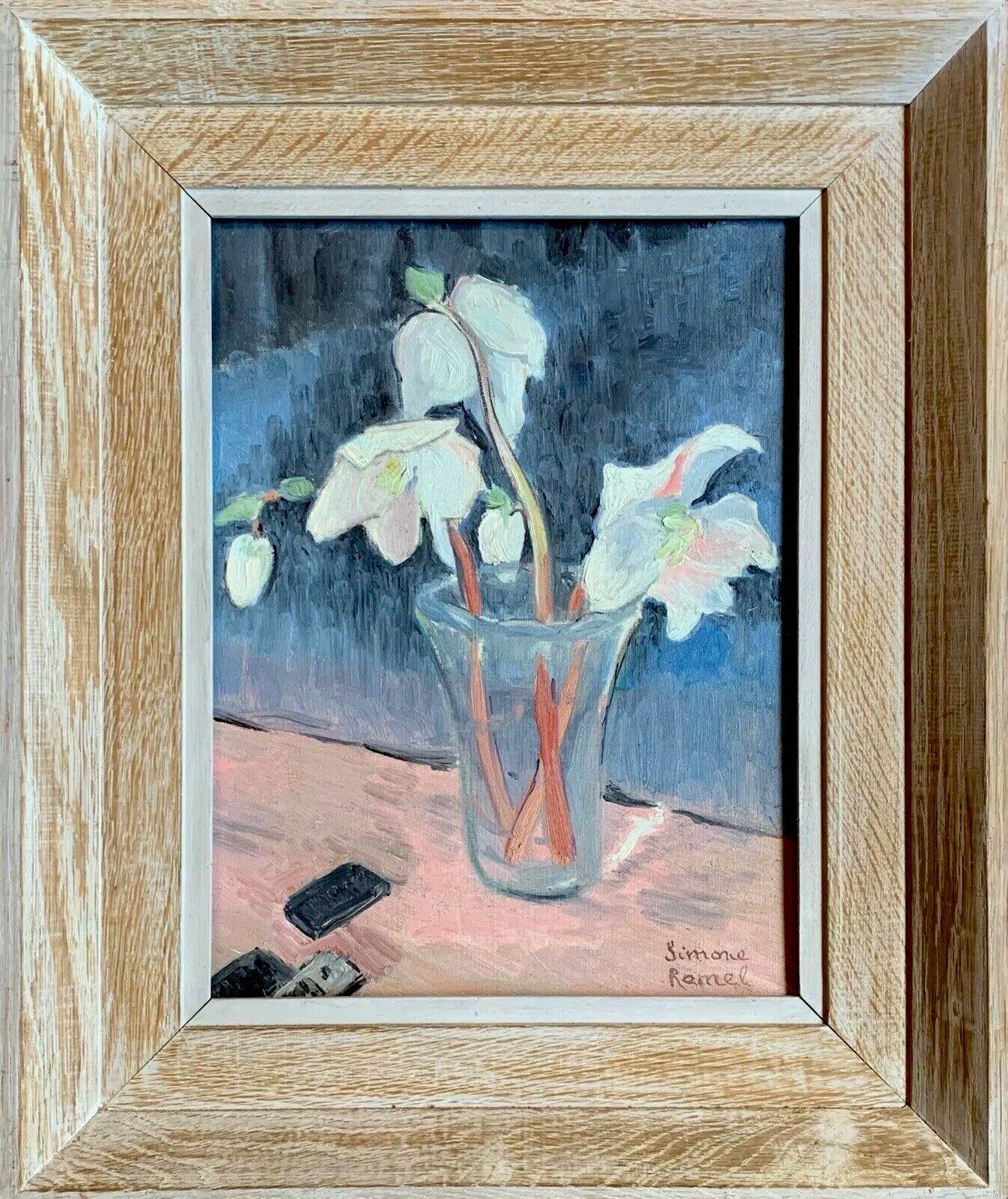 Simone Ramel Abstract Painting - SIMONE RAMEL (FRENCH 1960'S) SIGNED OIL - FLOWERS IN VASE - PASTEL PINK SHADES