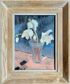 SIMONE RAMEL (FRENCH 1960'S) SIGNED OIL - FLOWERS IN VASE - PASTEL PINK SHADES