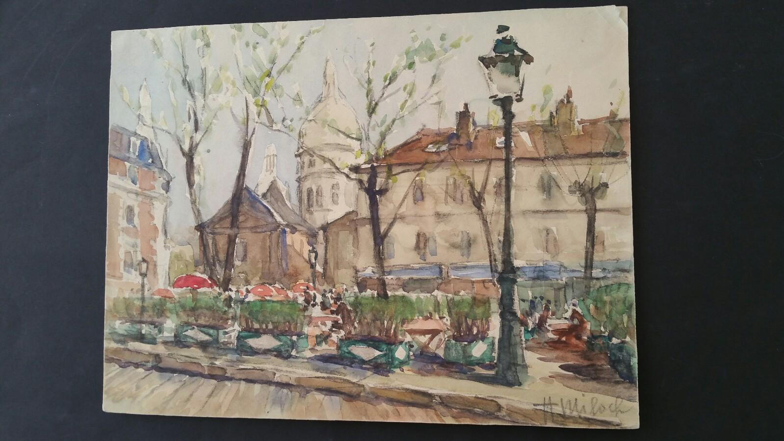 Ecole de Paris Mid 20th Century Place du Tertre and Sacre Coeur  - Painting by Henri Miloch