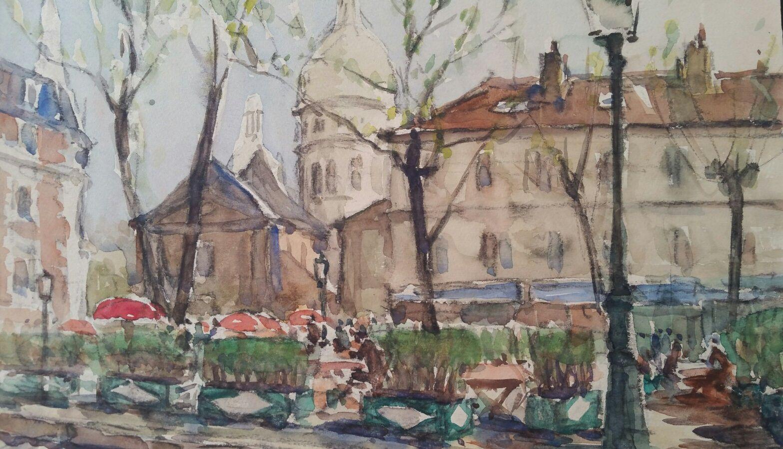 Landscape Painting di Henri Miloch - Ecole de Paris metà del XX secolo Place du Tertre e Sacre Coeur