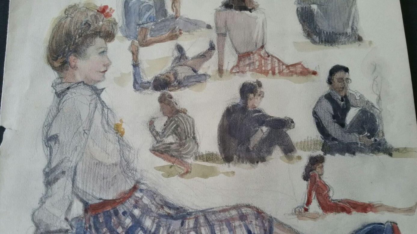 Paris: A Wartime Study of Figures Relaxing in Springtime
by Henri Miloch (1898-1979)
Unsigned
watercolour, graphite and gouache painting on artist's paper, unframed

Sheet: 12.25 x 9.5 inches

Delightful group of sketches in paint by the highly