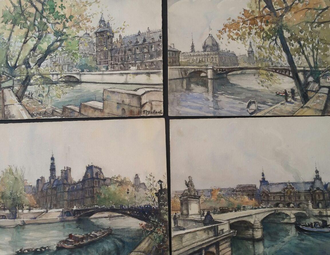Henri Miloch Landscape Painting - Ecole de Paris, Mid 20th Century, Four Paris Bridges Paintings 