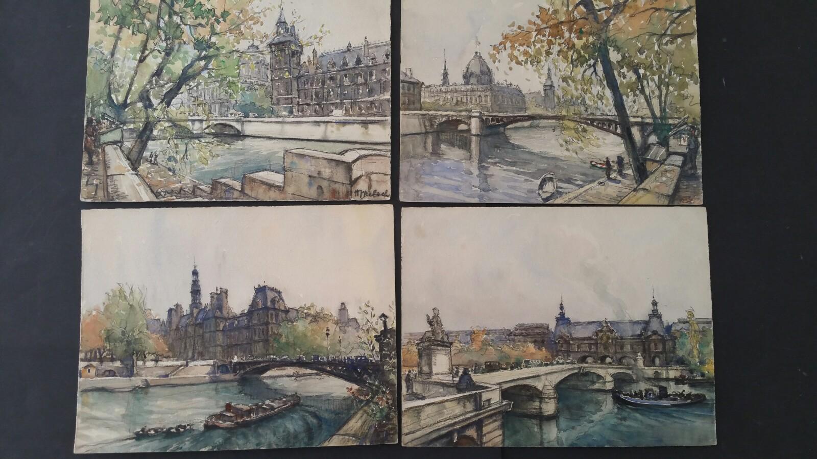Ecole de Paris, Mid 20th Century, Four Paris Bridges Paintings  - Gray Landscape Painting by Henri Miloch