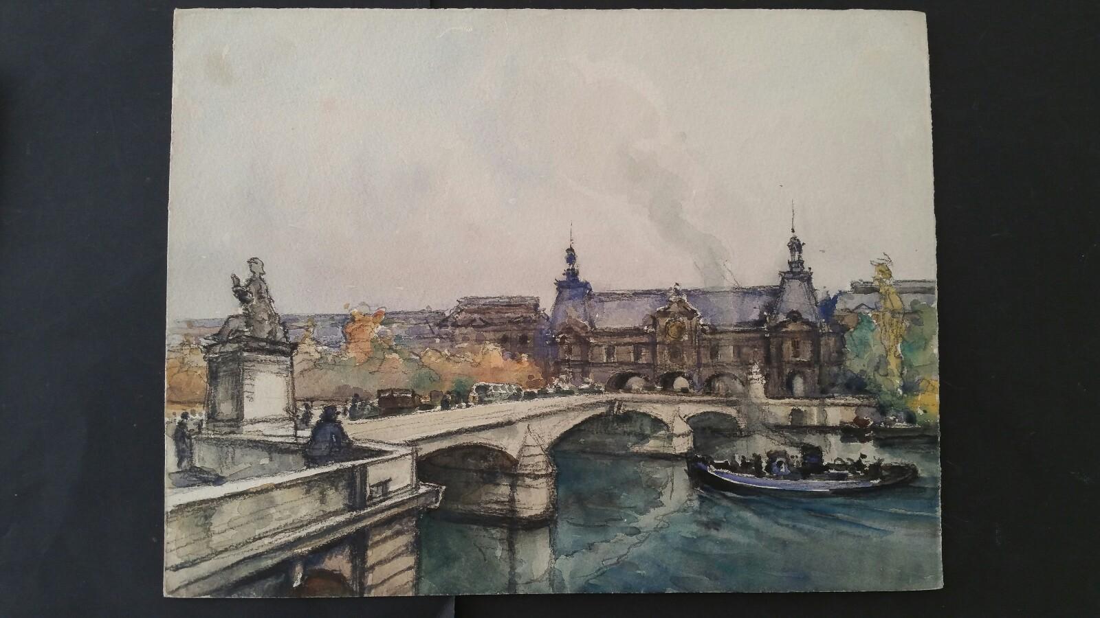 Paris: A Collection of Four Paintings of Paris Bridges
by Henri Miloch (1898-1979)
Three are signed lower right, one (with a boat about to pass under a bridge from right to left) is unsigned.
watercolour and gouache painting on artist's paper,