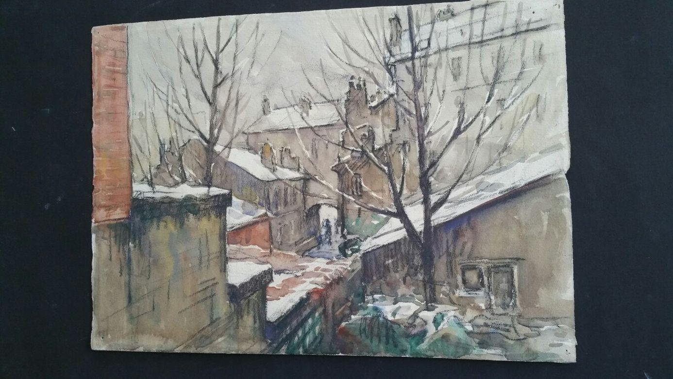Ecole de Paris Mid 20th Century City Architectural Winter Scene  - Impressionist Art by Henri Miloch