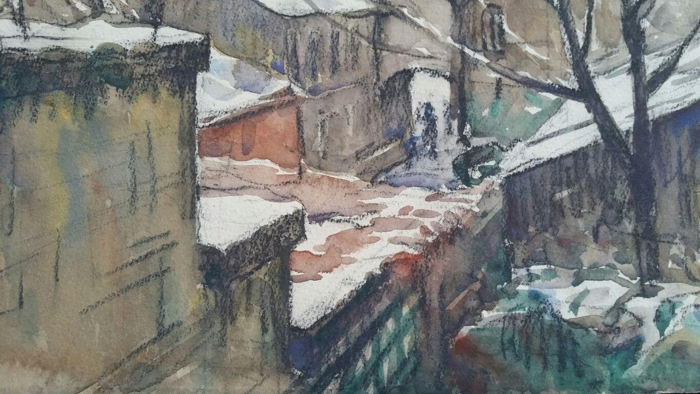 Paris: City Winter Scene
by Henri Miloch (1898-1979)
watercolour and gouache painting with charcoal on artist's paper, unframed

Sheet: 9.75 x 13.5 inches

Intriguing painting by the highly regarded painter, Henri Miloch. It depicts a winter scene