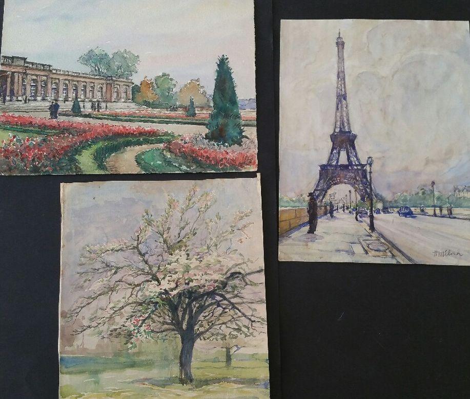 Ecole de Paris, Mid 20th Century, Three Paris Scenes Eiffel Tower & Parks - Art by Henri Miloch