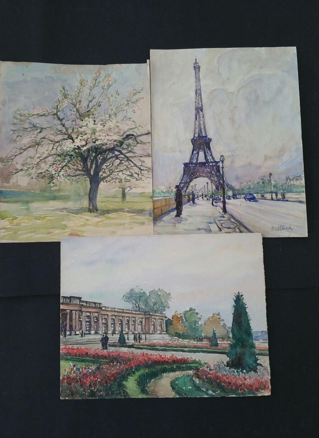 Henri Miloch Landscape Art - Ecole de Paris, Mid 20th Century, Three Paris Scenes Eiffel Tower & Parks