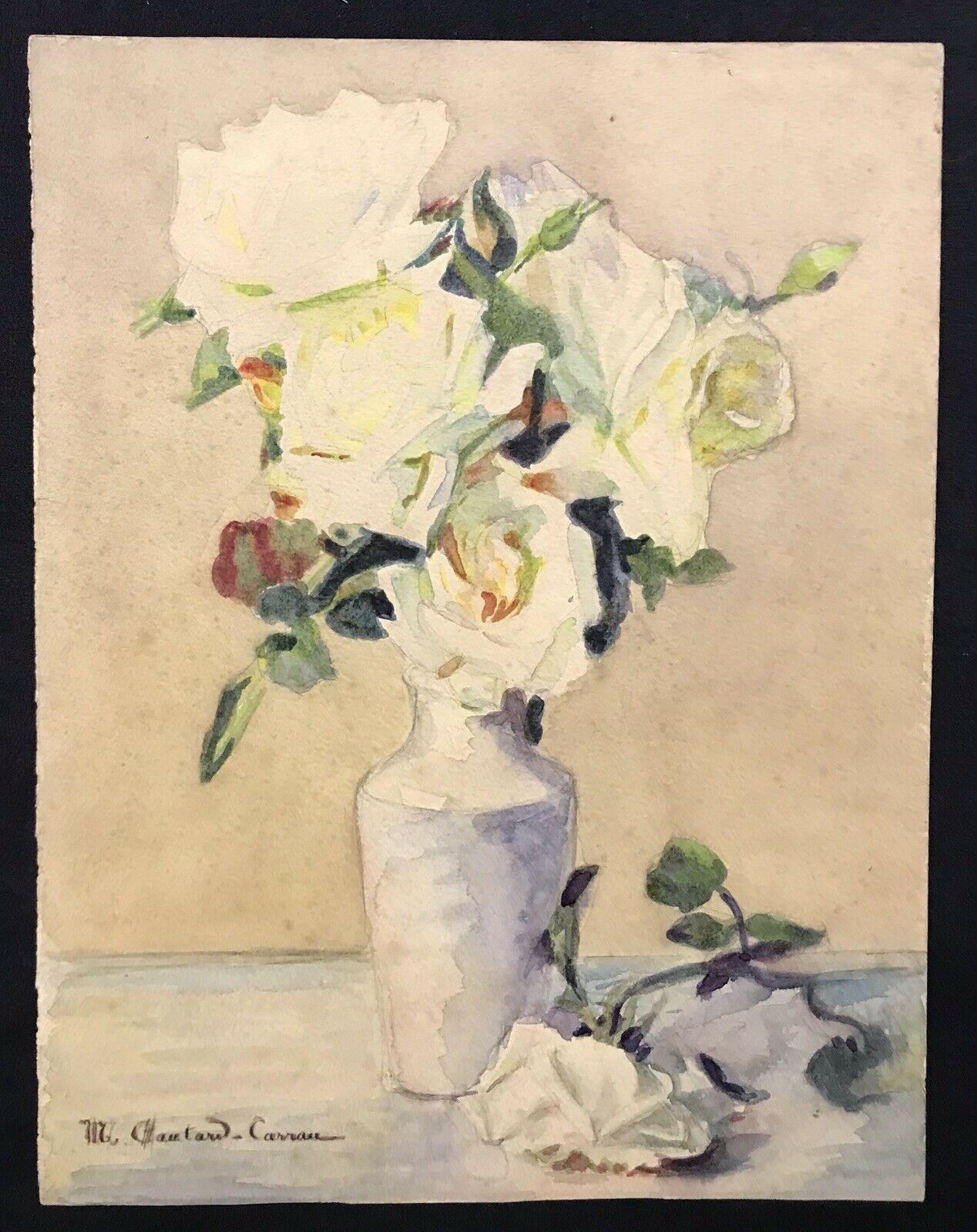 MARIE CHAUTARD-CARREAU - FINE EARLY 20thC FRENCH IMPRESSIONIST- ROSES IN VASE - Beige Abstract Painting by Marie-Amelie Chautard-Carreau