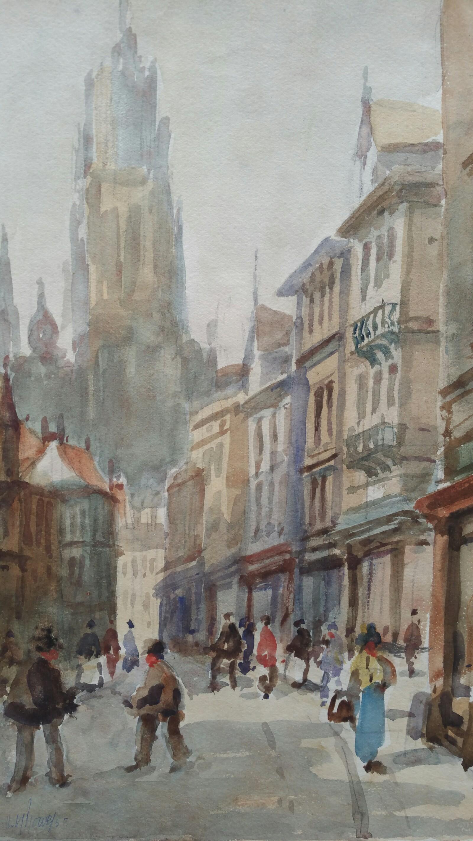 Leonard Machin Rowe Landscape Painting - Mid 20th Century, Belgium, Antwerp Street to Cathedral of our Lady