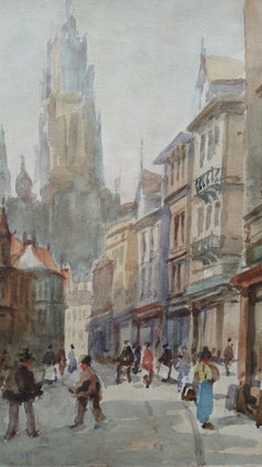 Vintage Mid 20th Century, Belgium, Antwerp Street to Cathedral of our Lady