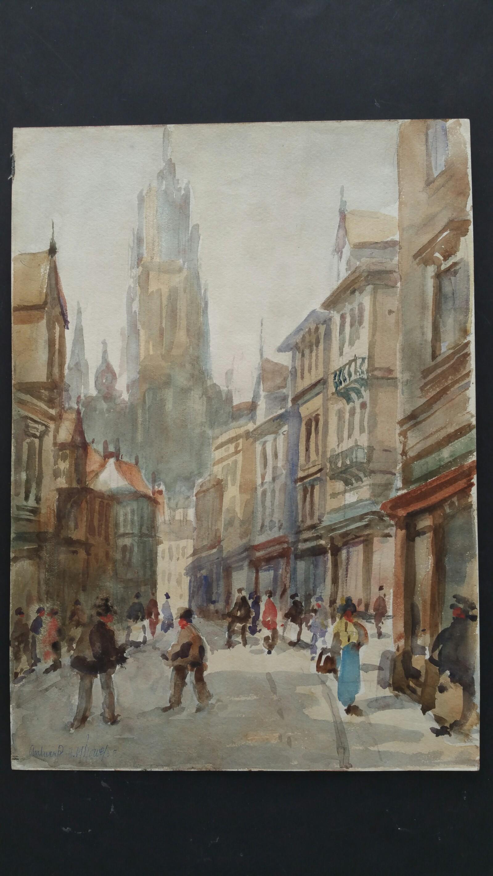 Mid 20th Century, Belgium, Antwerp Street to Cathedral of our Lady - Painting by Leonard Machin Rowe
