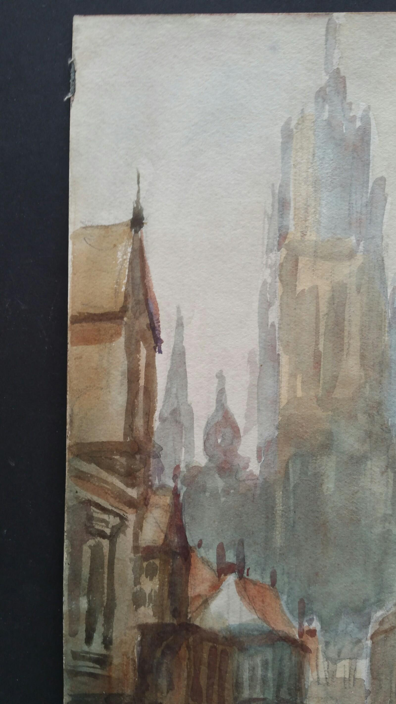 Mid 20th Century, Belgium, Antwerp Street to Cathedral of our Lady - Impressionist Painting by Leonard Machin Rowe