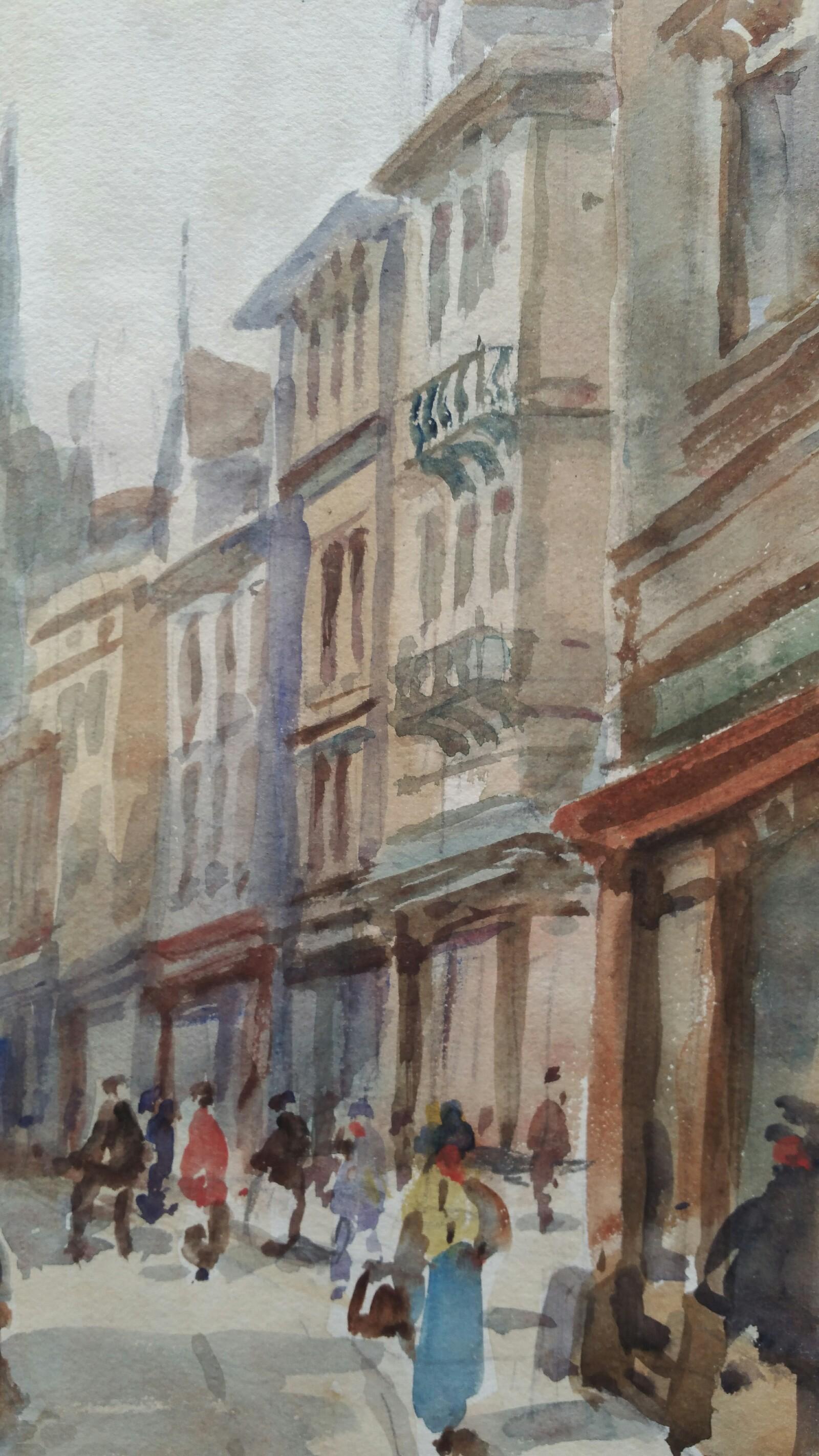 Mid 20th Century, Belgium, Antwerp Street to Cathedral of our Lady - Gray Landscape Painting by Leonard Machin Rowe