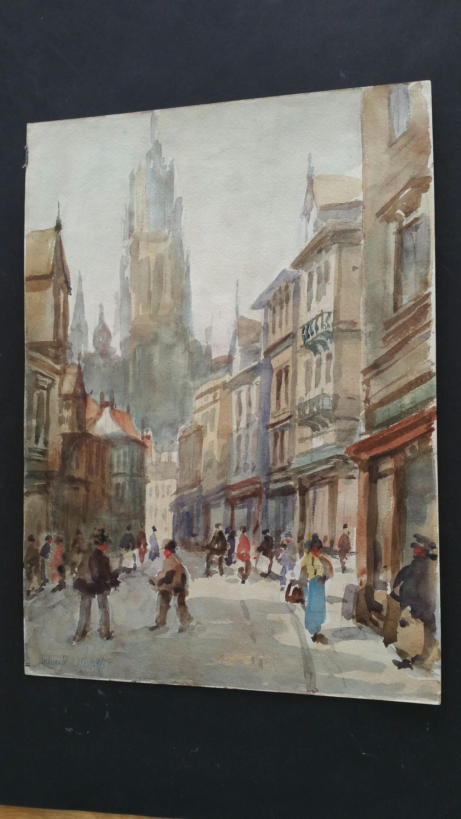 Belgium. Antwerp, a Street leading to the Cathedral of our Lady 
by Leonard Machin Rowe (1880-1968)
signed, inscribed and dated front lower left, signed, inscribed and dated to the back
watercolour painting on artist's paper, unframed

Sheet 13.75 x