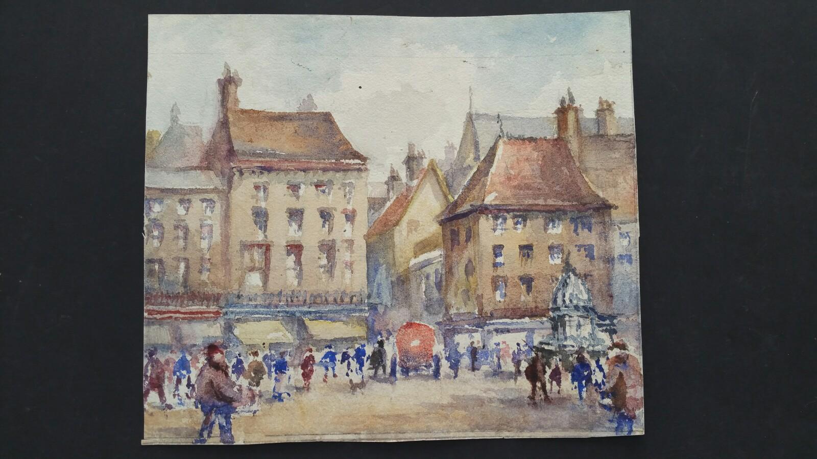 Mid 20th Century, Belgium, An Antwerp Square - Painting by Leonard Machin Rowe