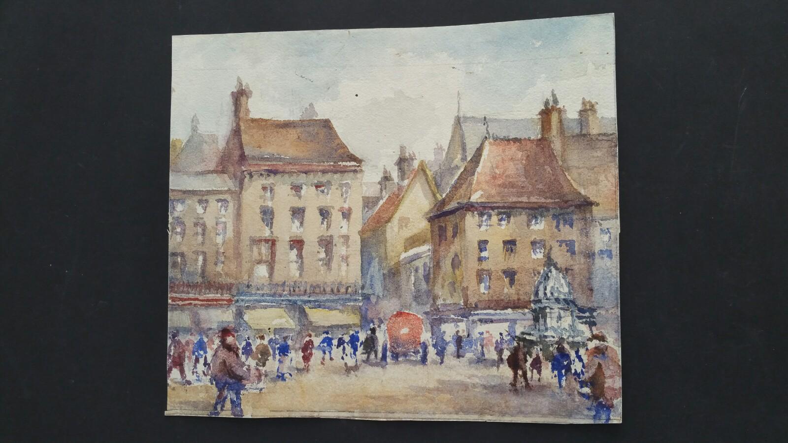 Belgium. Antwerp, a Market Square 
by Leonard Machin Rowe (1880-1968)
Unsigned to the front, signed and inscribed to the back
watercolour painting on artist's paper, unframed

Sheet 9.75 x 11 inches

Pretty little painting by Leon. Rowe, likely to