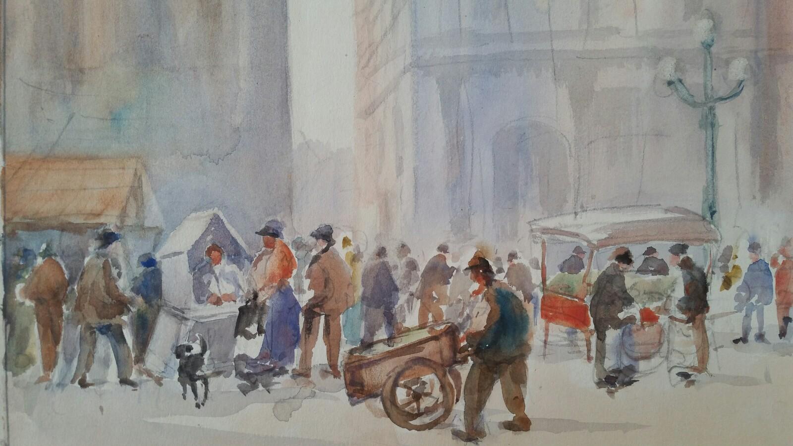 Leonard Machin Rowe Landscape Painting – Mitte des 20. Jahrhunderts, Belgien, eine Brüsseler Markt Lotterie-Verkäufer-Szene