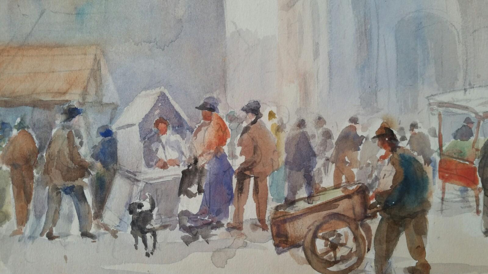 Mitte des 20. Jahrhunderts, Belgien, eine Brüsseler Markt Lotterie-Verkäufer-Szene (Impressionismus), Painting, von Leonard Machin Rowe