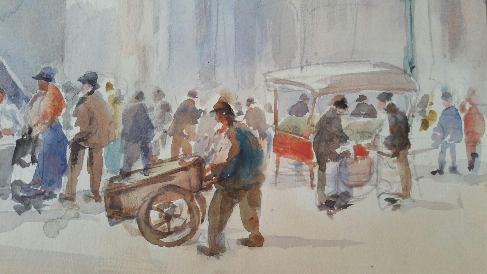 Mid 20th Century, Belgique, Scène de vendeurs de loterie sur le marché de Bruxelles - Gris Landscape Art par Leonard Machin Rowe