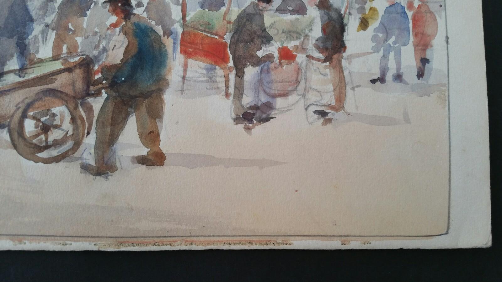 Belgium. Brussels - A Market Lottery Seller
by Leonard Machin Rowe (1880-1968)
signed, dated and inscribed front lower left corner, inscribed and signed to the back
watercolour painting on artist's paper, unframed

Image 9.75 x 13.75 inches, sheet