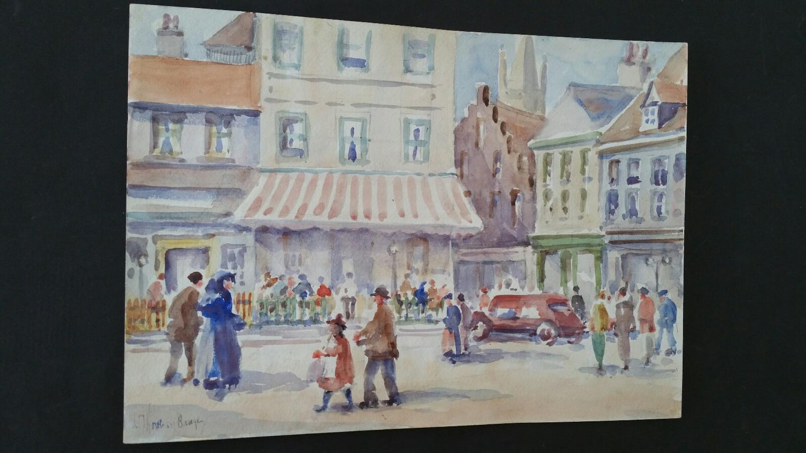 Belgium. A Bruges Hotel
by Leonard Machin Rowe (1880-1968)
signed, dated '50 and inscribed front lower left corner, inscribed, dated and signed to the back
watercolour painting on artist's paper, unframed

sheet 9.75 x 13.75 inches

Bright and jolly