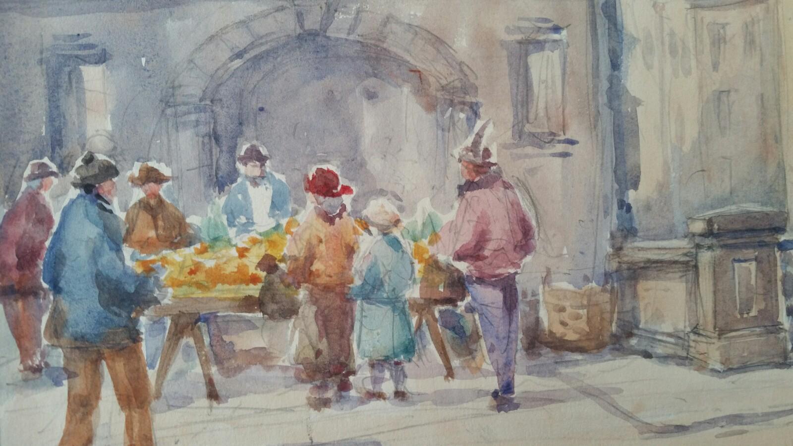Mid 20th Century, Belgium, A Gent Morning Market - Impressionist Art by Leonard Machin Rowe