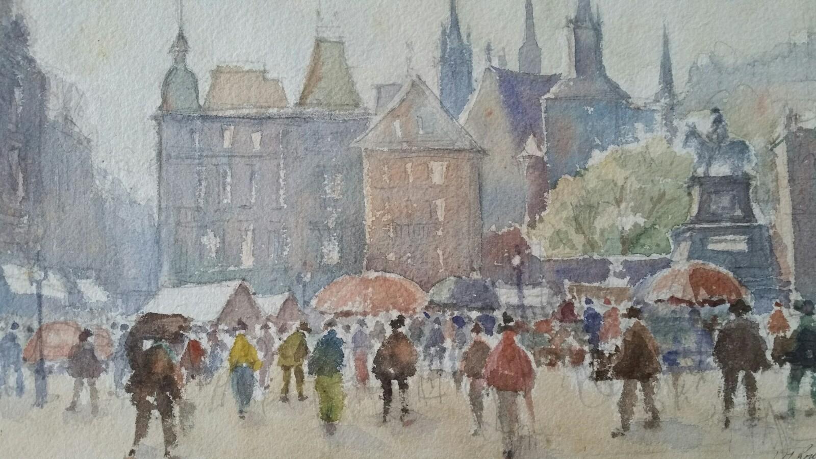 Leonard Machin Rowe Landscape Painting - Mid 20th Century Impressionist Painting - Luxembourg Busy Market Many Figures