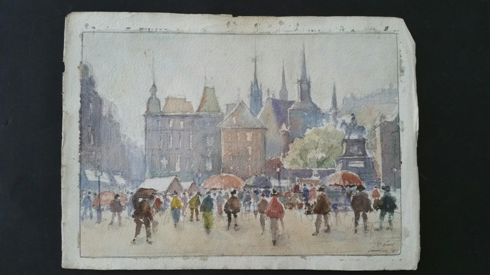 Mid 20th Century Impressionist Painting - Luxembourg Busy Market Many Figures - Gray Landscape Painting by Leonard Machin Rowe