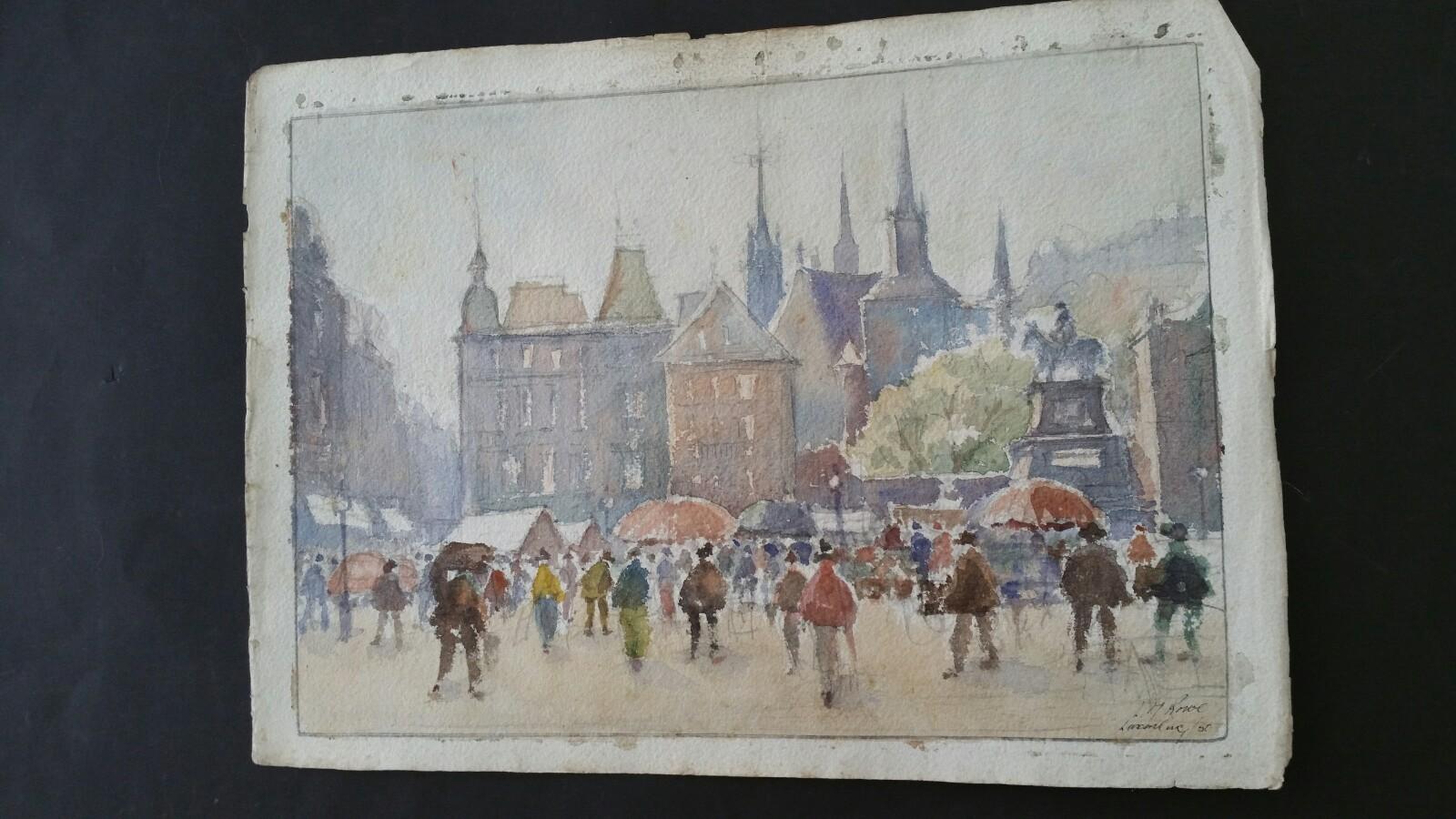 Mid 20th Century Impressionist Painting - Luxembourg Busy Market Many Figures 3