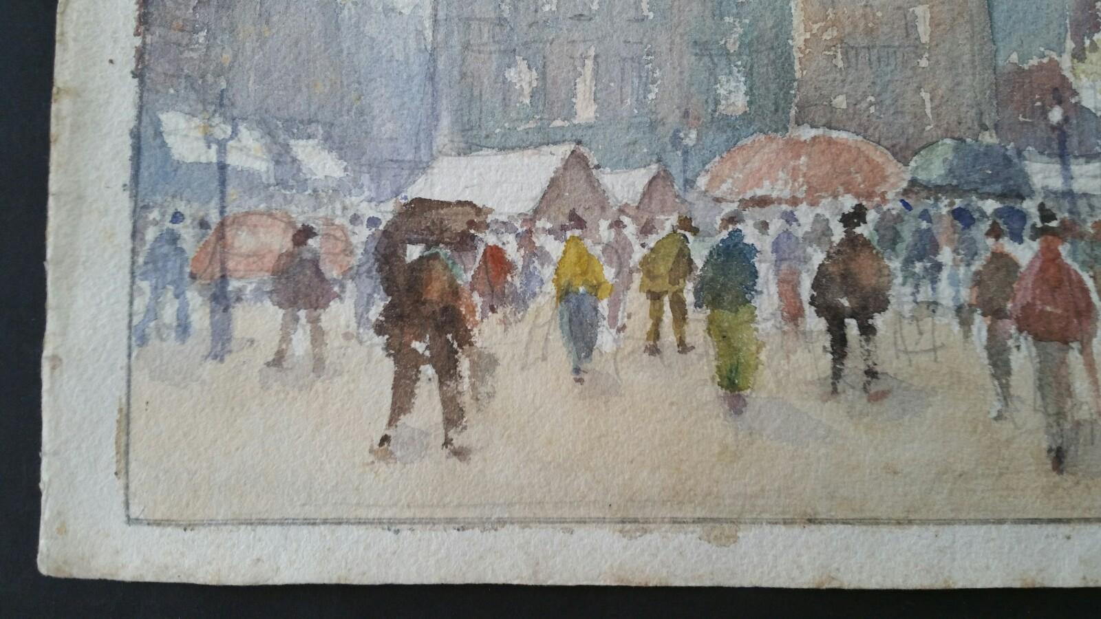 Mid 20th Century Impressionist Painting - Luxembourg Busy Market Many Figures 7