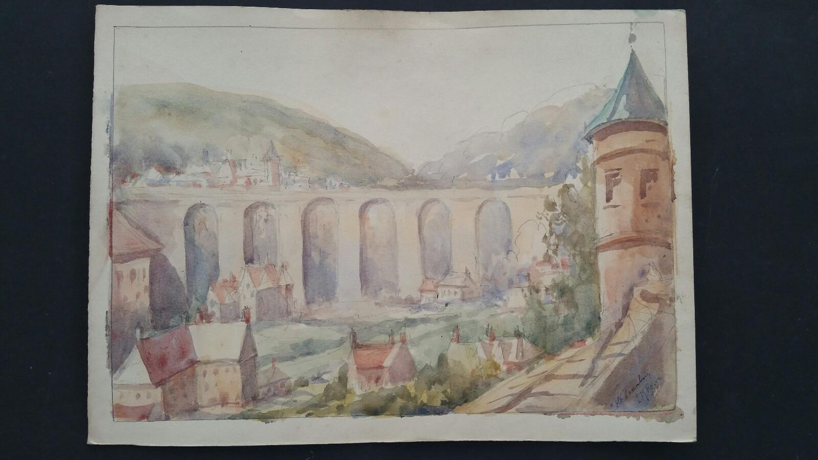 Mid 20th Century, Old Luxembourg, La Passerelle and Ramparts - Art by Leonard Machin Rowe